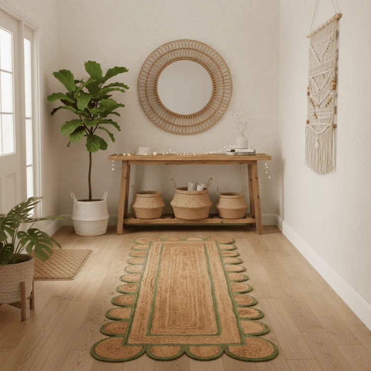Handmade Olive Green Scalloped Border Jute Rug