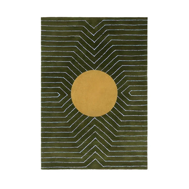 Moss Green Gold Circle Geometric Hand Tufted Wool Rug